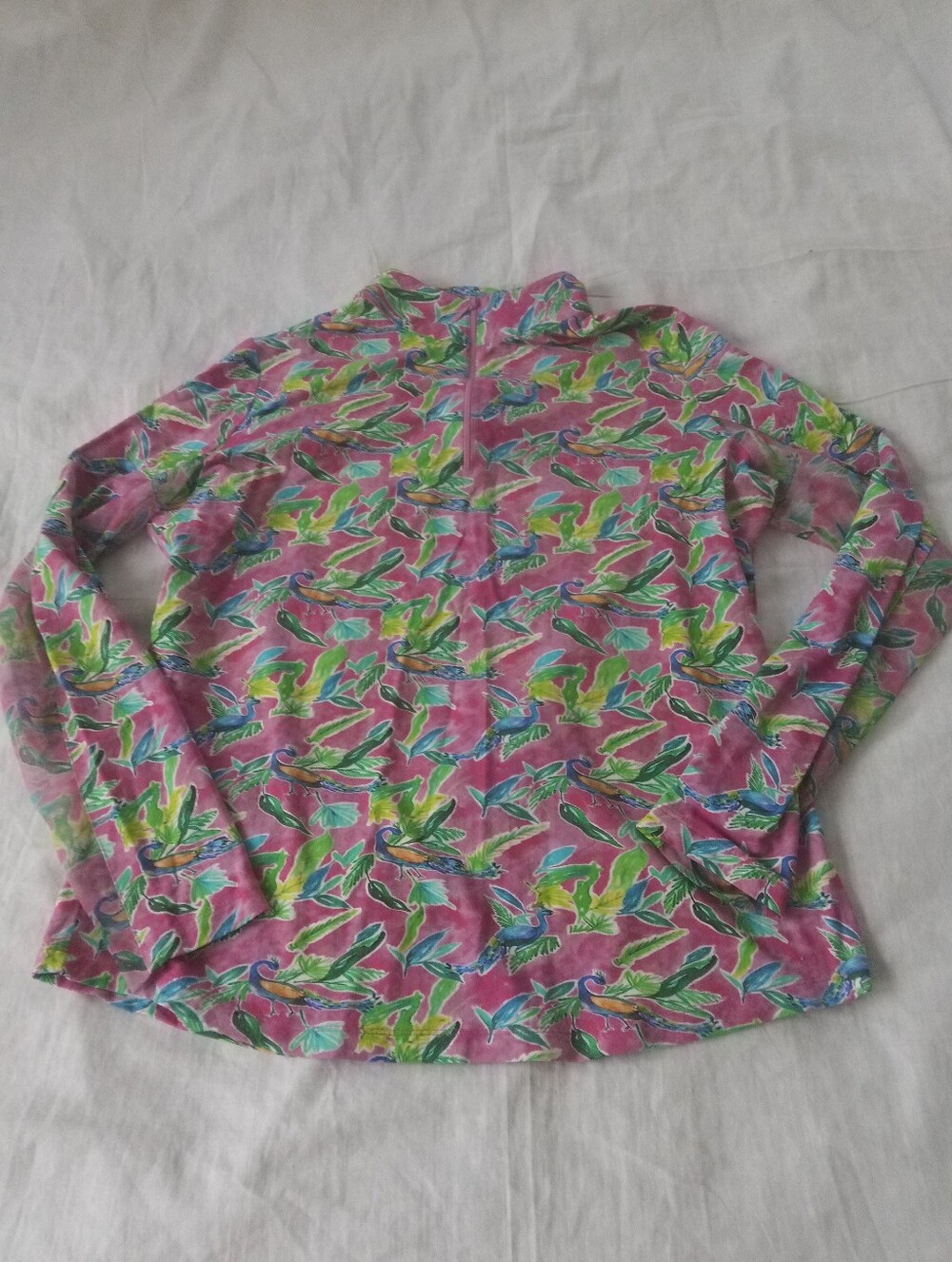 IBKUL Pink Tropical Bird Print Long Sleeve 1/4 Zip Mesh Active Shirt L